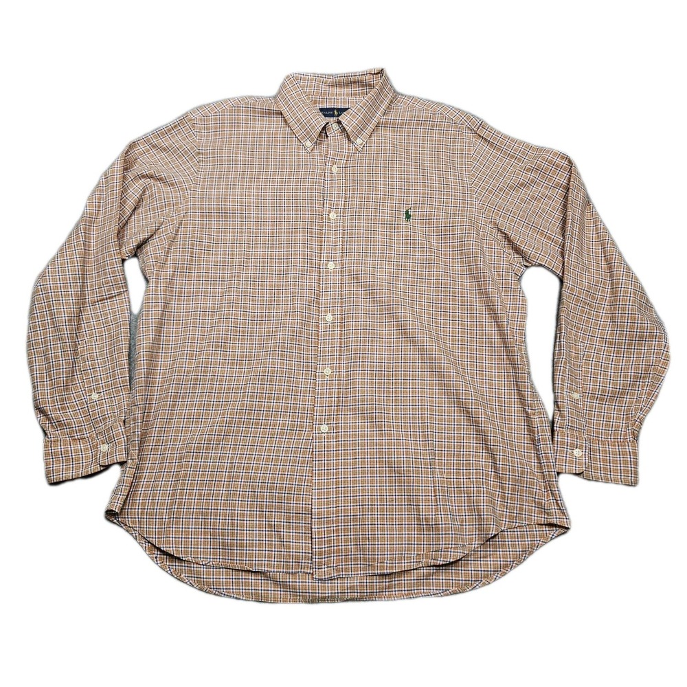 Polo Ralph Lauren Shirt Men's Large Orange Blue Plaid Check Button Down Preppy